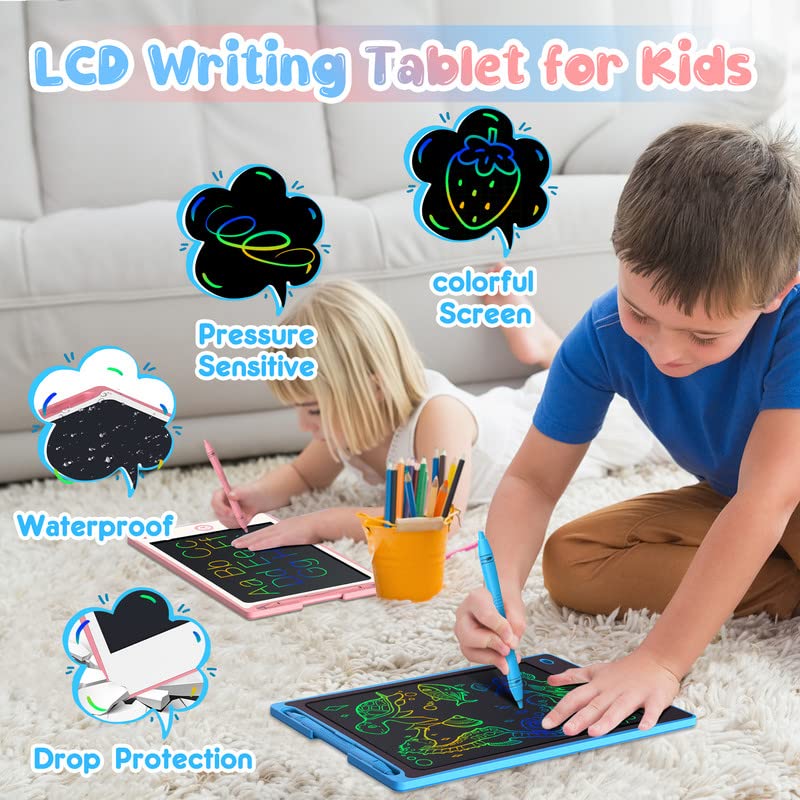 Hockvill 8.8-Inch LCD Writing Tablet for Kids – Doodle Board for Travel, Eye-Friendly Colorful Writing (Ages 3-8) Blue/Pink
