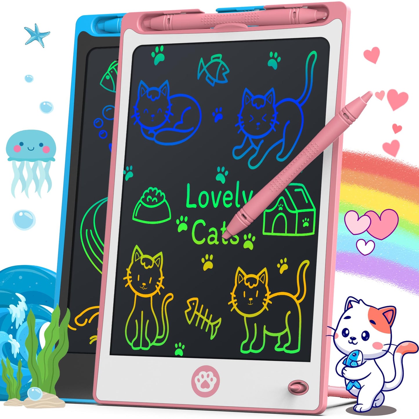 Hockvill 8.8-Inch LCD Writing Tablet for Kids – Doodle Board for Travel, Eye-Friendly Colorful Writing (Ages 3-8) Blue/Pink
