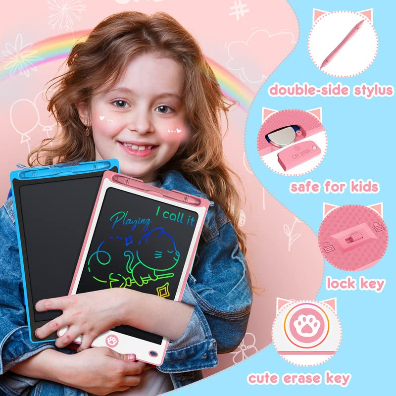 Hockvill 8.8-Inch LCD Writing Tablet for Kids – Doodle Board for Travel, Eye-Friendly Colorful Writing (Ages 3-8) Blue/Pink