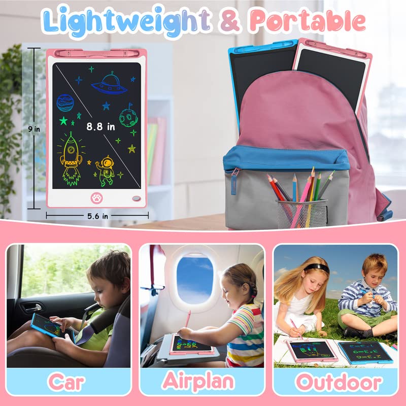 Hockvill 8.8-Inch LCD Writing Tablet for Kids – Doodle Board for Travel, Eye-Friendly Colorful Writing (Ages 3-8) Blue/Pink