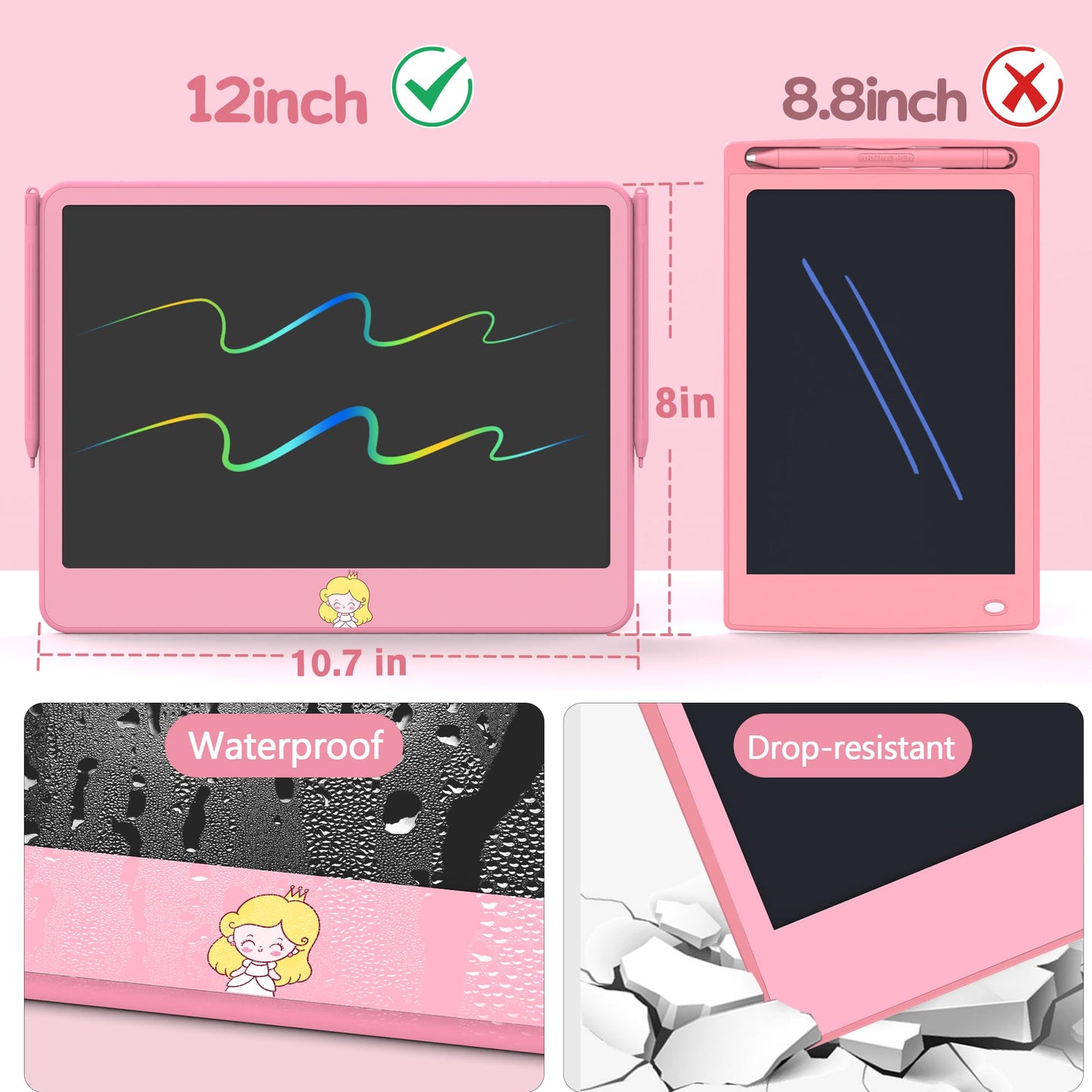 Hockvill 12-Inch LCD Writing Tablet for Kids – Twin Stylus, Eye-Friendly Doodle Board (Pink)