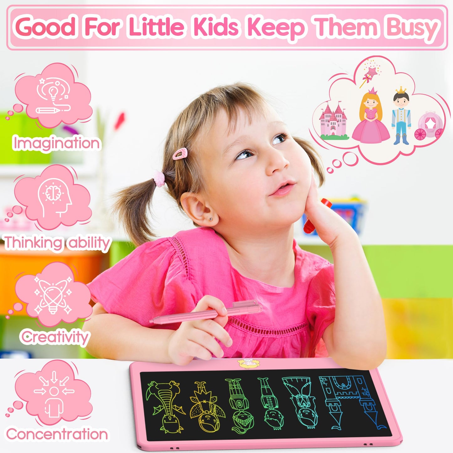 Hockvill 12-Inch LCD Writing Tablet for Kids – Twin Stylus, Eye-Friendly Doodle Board (Pink)