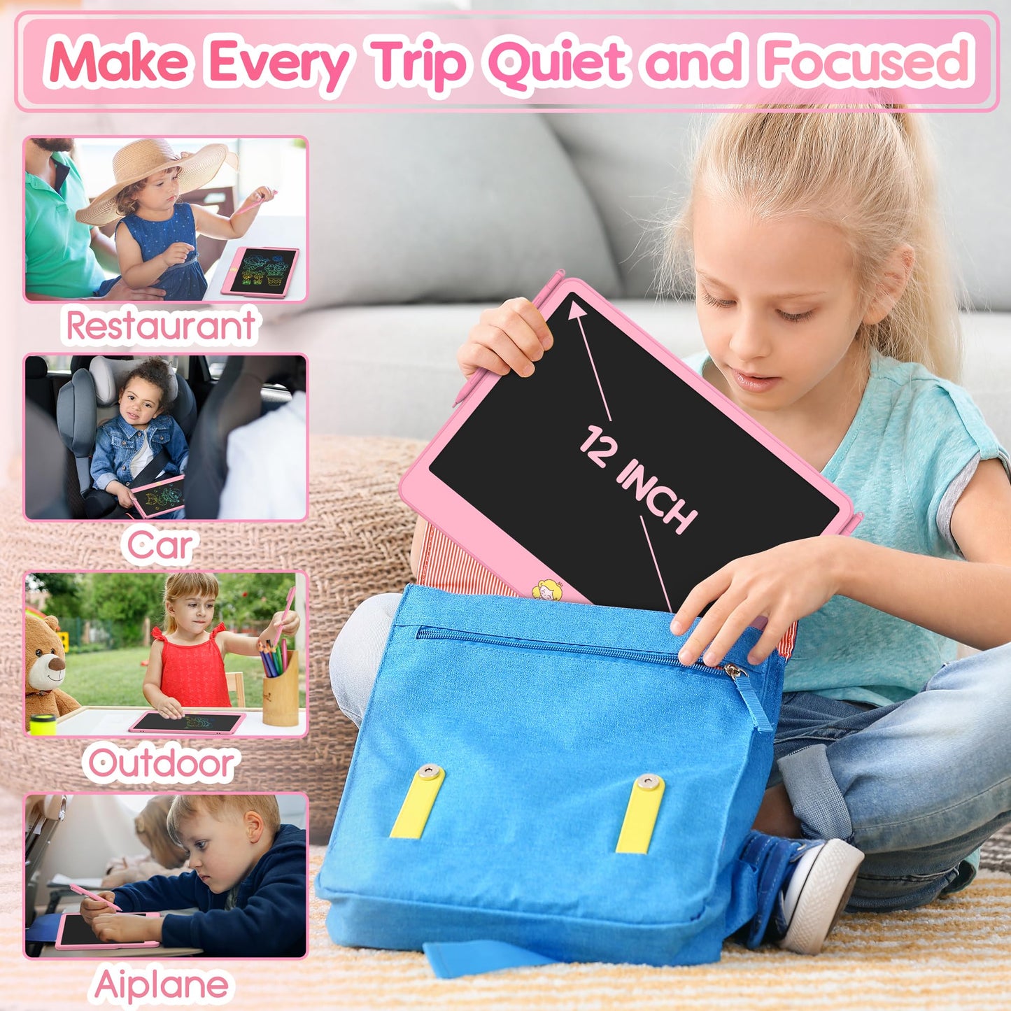 Hockvill 12-Inch LCD Writing Tablet for Kids – Twin Stylus, Eye-Friendly Doodle Board (Pink)