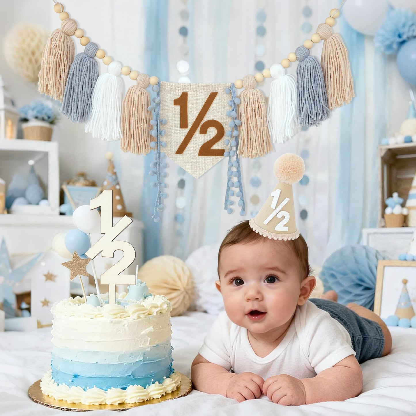 HODIHIWI 1/2 Birthday Decorations for Baby Boys | Khaki Cone Hat & Cake Topper