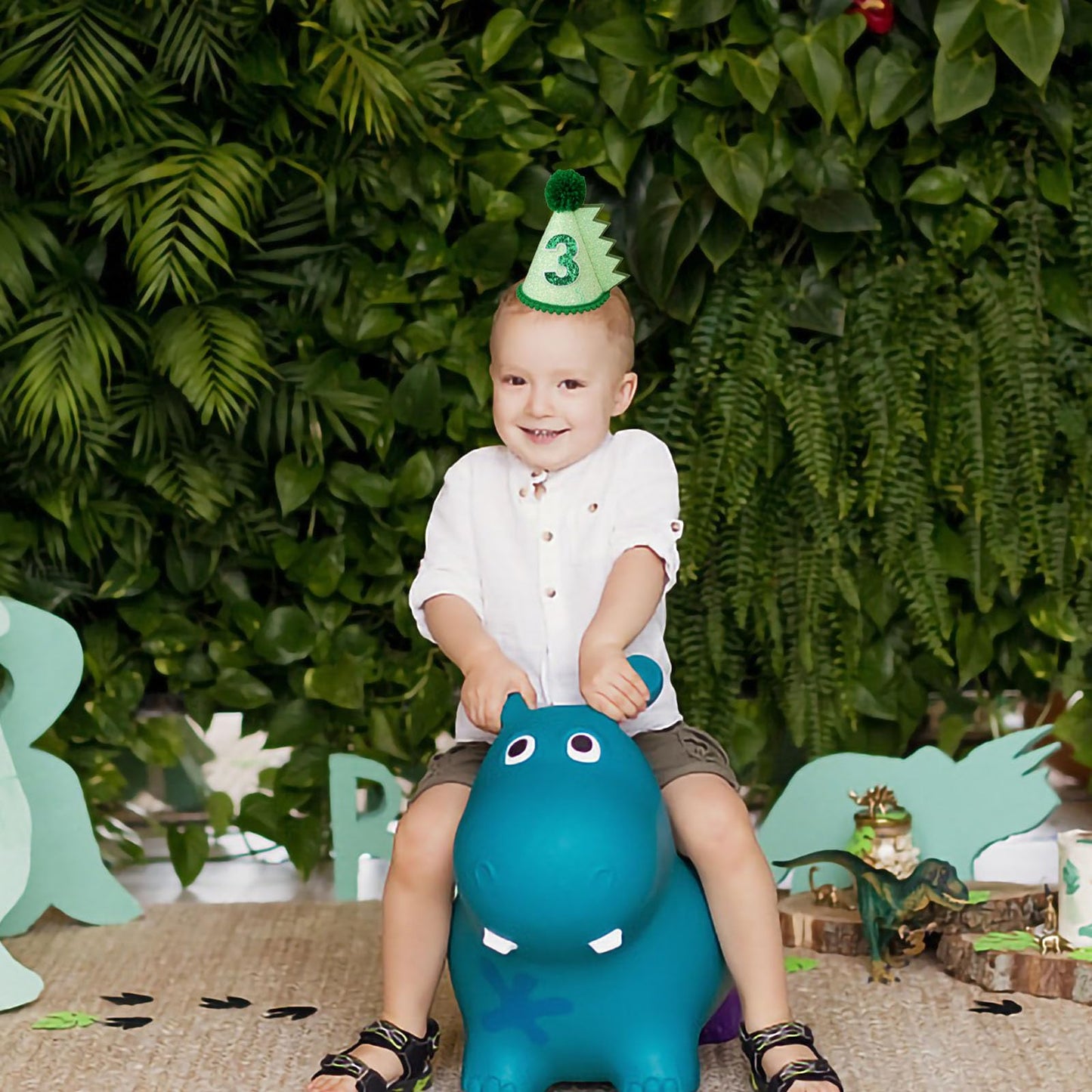 HODIHIWI Dinosaur 3rd Birthday Hat – Green Dino Theme Party Decoration & Favors