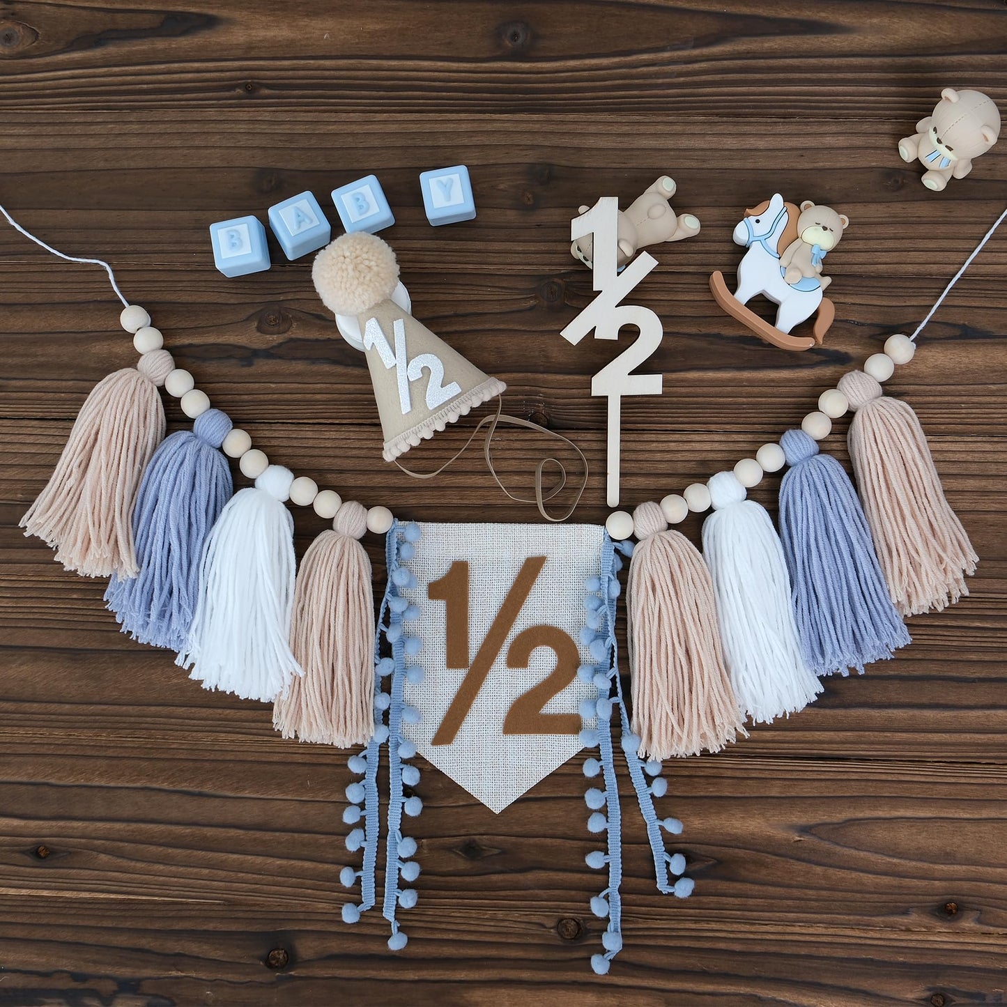 HODIHIWI 1/2 Birthday Decorations for Baby Boys | Khaki Cone Hat & Cake Topper