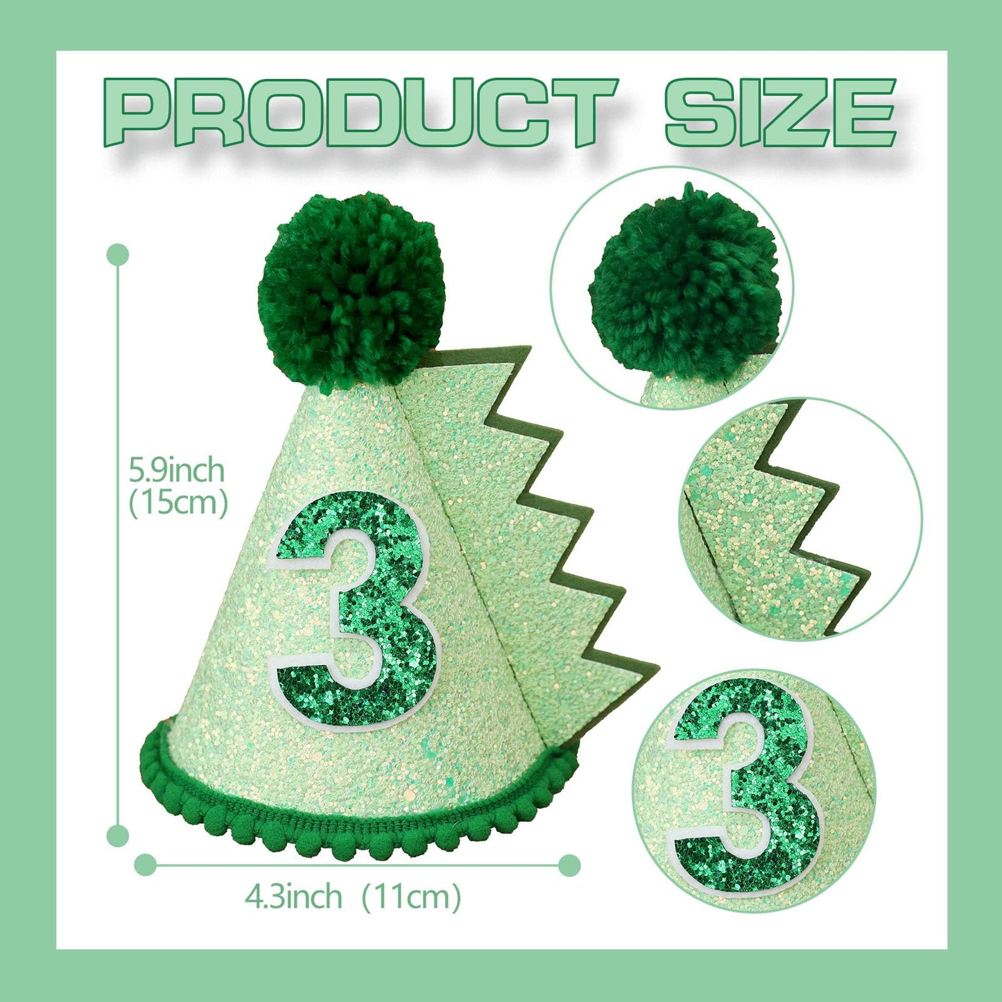 HODIHIWI Dinosaur 3rd Birthday Hat – Green Dino Theme Party Decoration & Favors