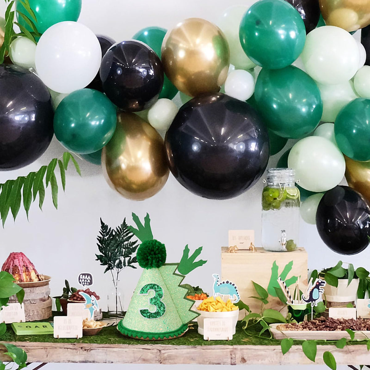 HODIHIWI Dinosaur 3rd Birthday Hat – Green Dino Theme Party Decoration & Favors
