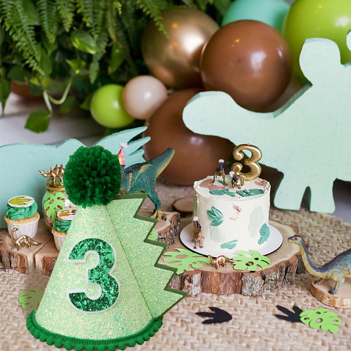 HODIHIWI Dinosaur 3rd Birthday Hat – Green Dino Theme Party Decoration & Favors