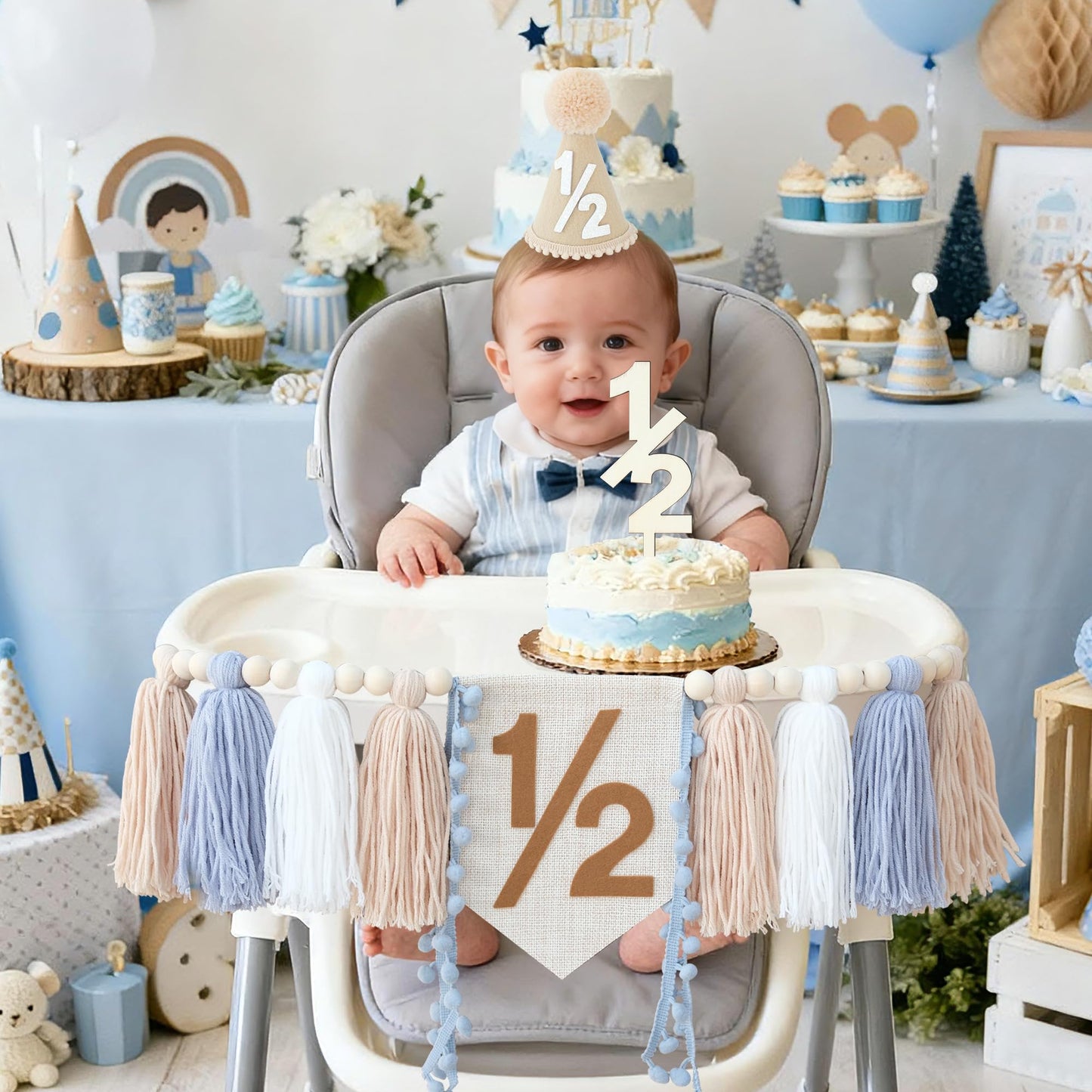 HODIHIWI 1/2 Birthday Decorations for Baby Boys | Khaki Cone Hat & Cake Topper