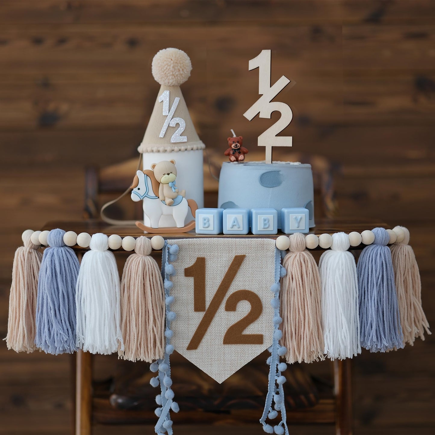 HODIHIWI 1/2 Birthday Decorations for Baby Boys | Khaki Cone Hat & Cake Topper