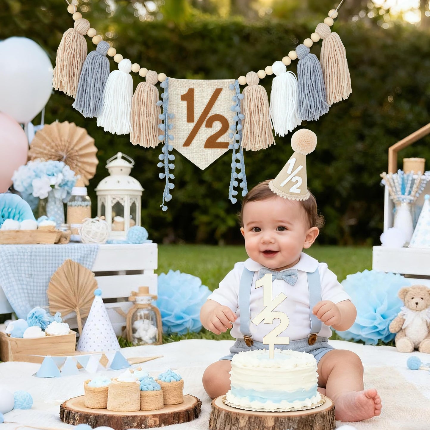HODIHIWI 1/2 Birthday Decorations for Baby Boys | Khaki Cone Hat & Cake Topper
