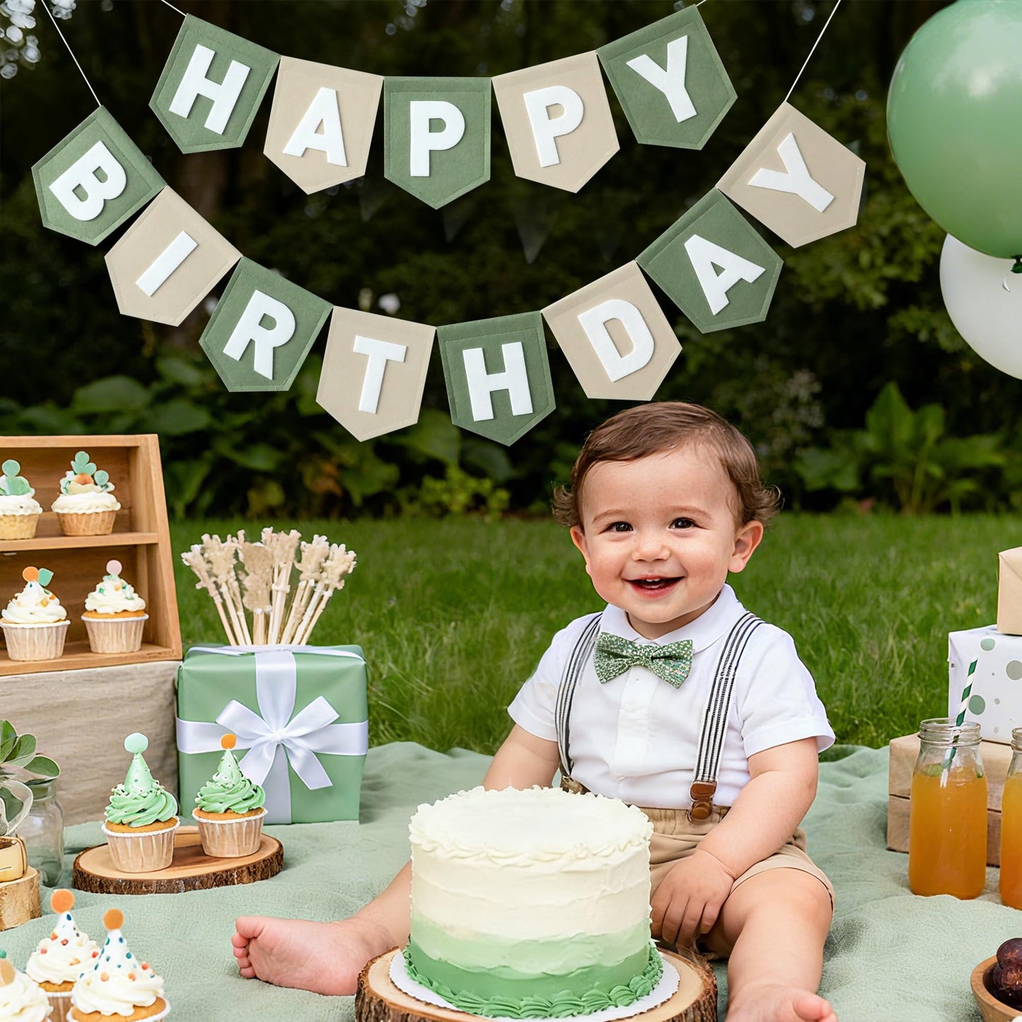 HODIHIWI Felt Green Khaki Happy Birthday Banner – Reusable Party Backdrop