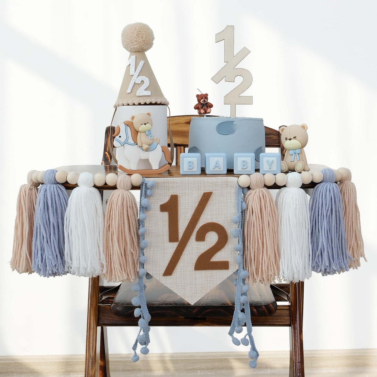 HODIHIWI 1/2 Birthday Decorations for Baby Boys | Khaki Cone Hat & Cake Topper