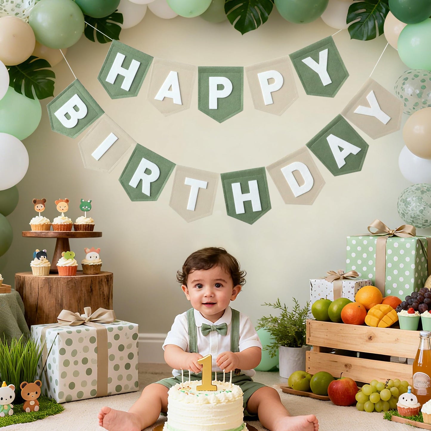 HODIHIWI Felt Green Khaki Happy Birthday Banner – Reusable Party Backdrop