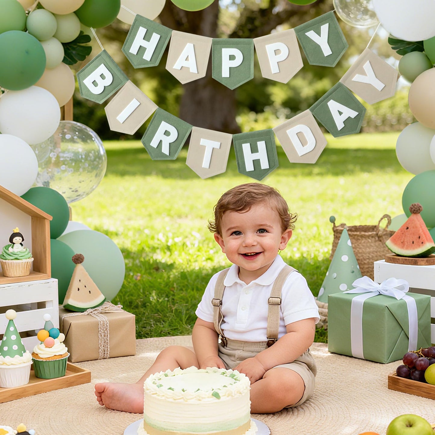 HODIHIWI Felt Green Khaki Happy Birthday Banner – Reusable Party Backdrop