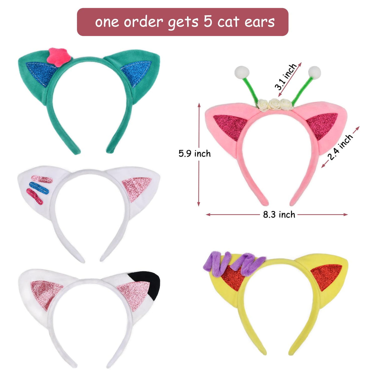 HODRME 5-Piece Cat Ears Headband Set | Halloween Cosplay Accessories