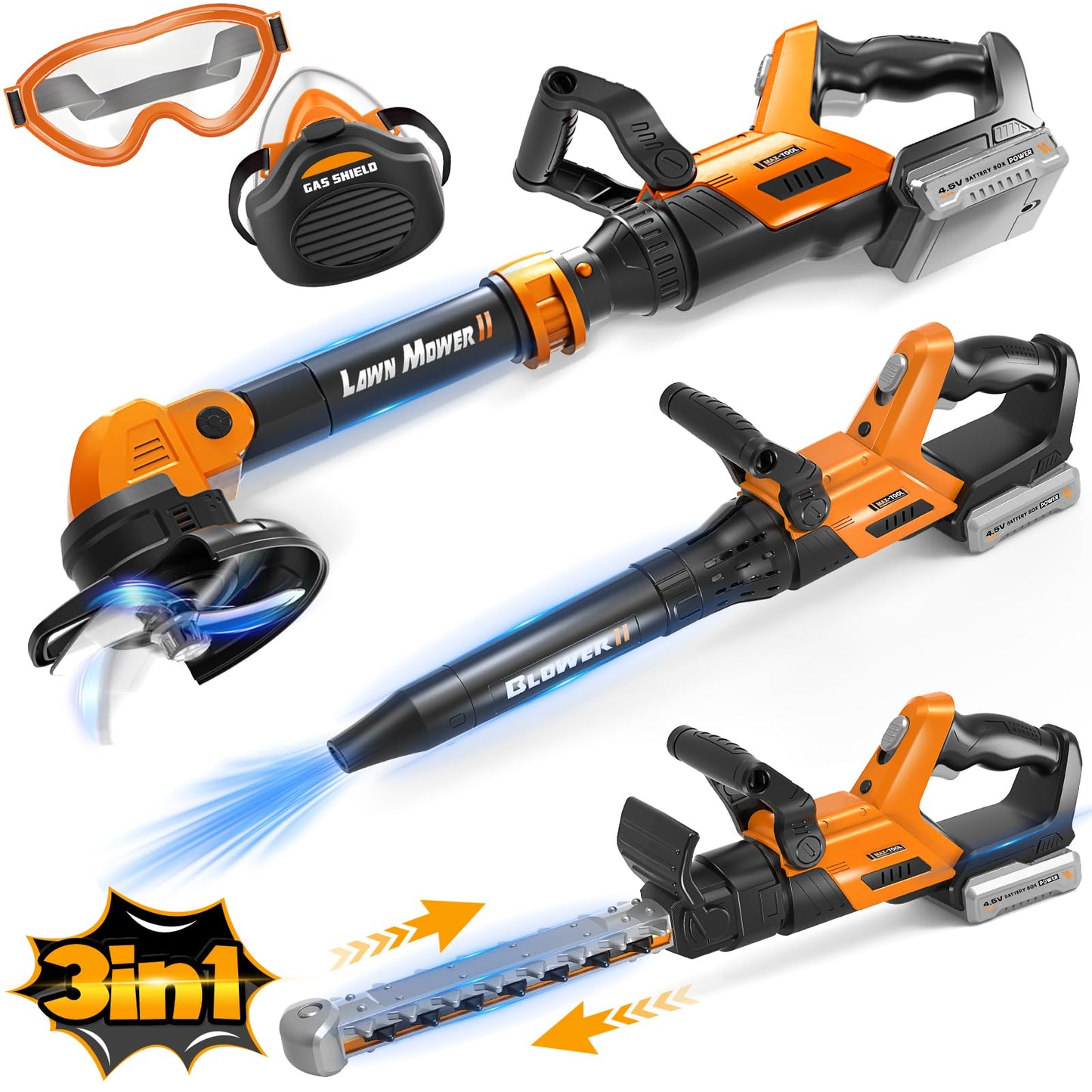Hodurgyi 3-In-1 Kids Garden Tools with Lights & Sounds | Weed Wacker, Leaf Blower & Hedge Trimmer Toy
