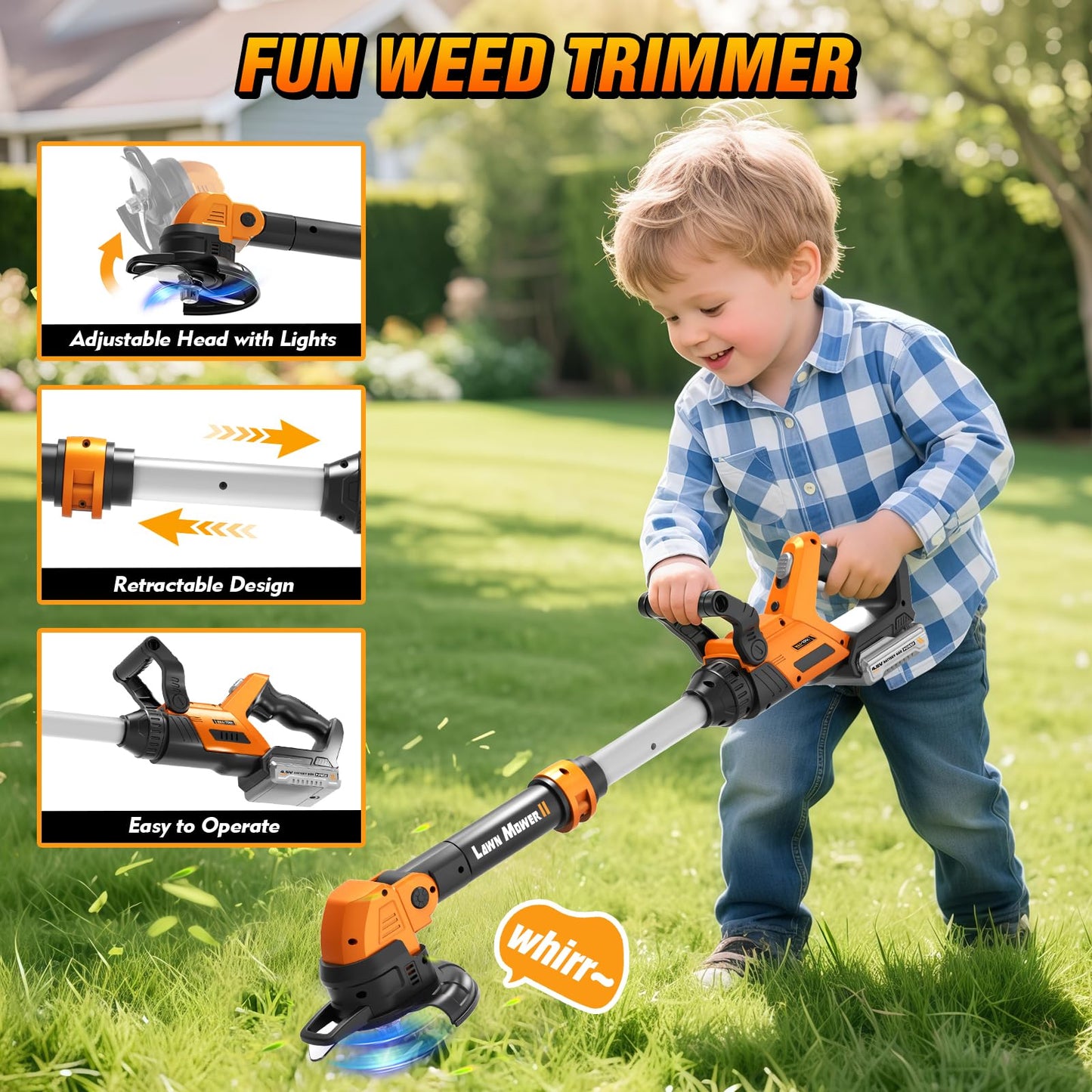 Hodurgyi 3-In-1 Kids Garden Tools with Lights & Sounds | Weed Wacker, Leaf Blower & Hedge Trimmer Toy