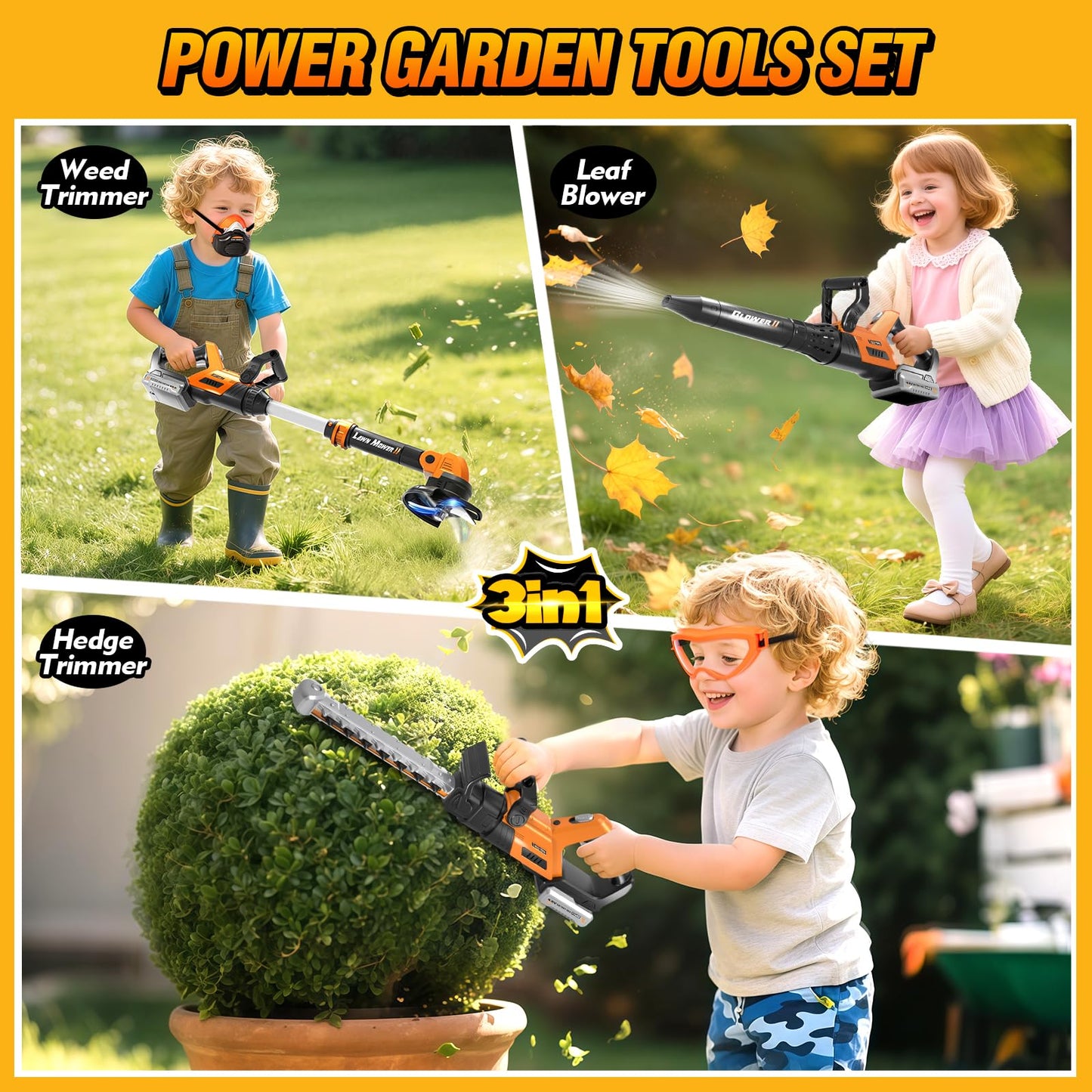 Hodurgyi 3-In-1 Kids Garden Tools with Lights & Sounds | Weed Wacker, Leaf Blower & Hedge Trimmer Toy