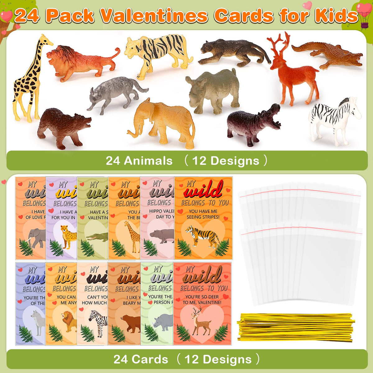 Hodurgyi Kids Valentines Cards & Animal Toys – 24-Pack for Classroom Exchange