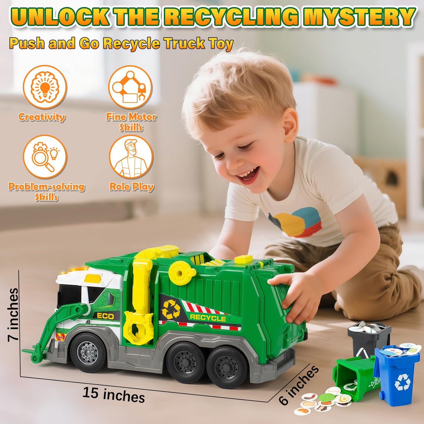 Hodurgyi Large Friction-Powered Garbage Truck Toy Set — Sorting, Sound & Lights for Ages 3–8