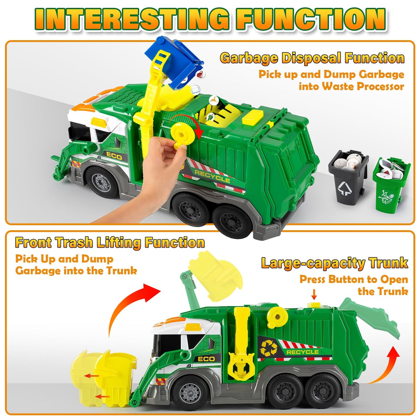 Hodurgyi Large Friction-Powered Garbage Truck Toy Set — Sorting, Sound & Lights for Ages 3–8
