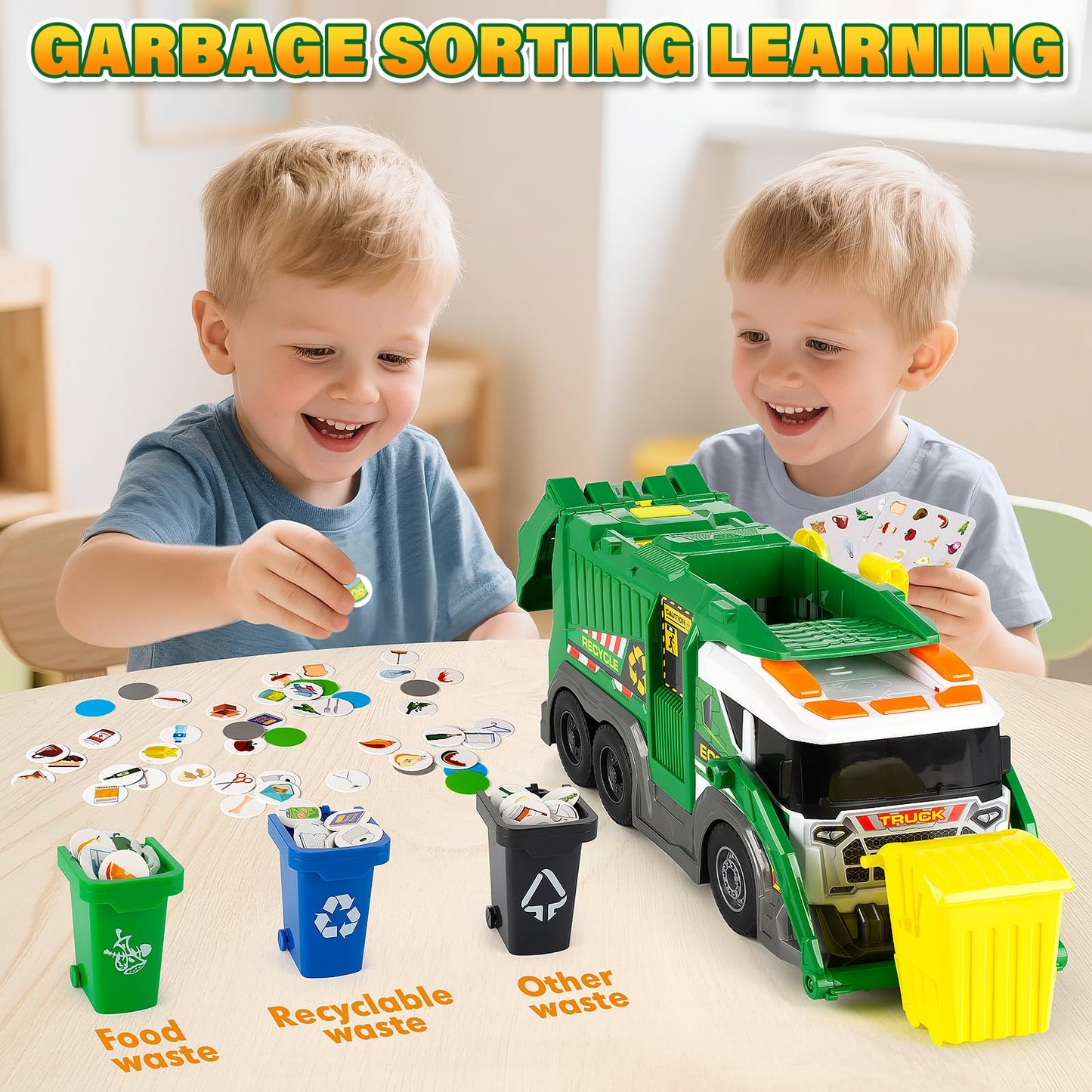 Hodurgyi Large Friction-Powered Garbage Truck Toy Set — Sorting, Sound & Lights for Ages 3–8
