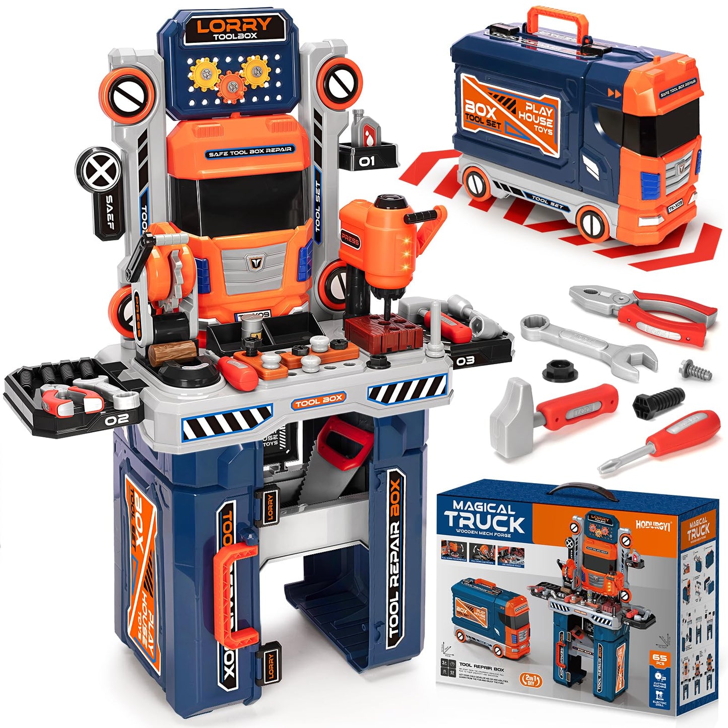Hodurgyi Kids Tool Bench with Electric Drill & Power Miter Saw | Realistic Toy Tool Set for Ages 3-8