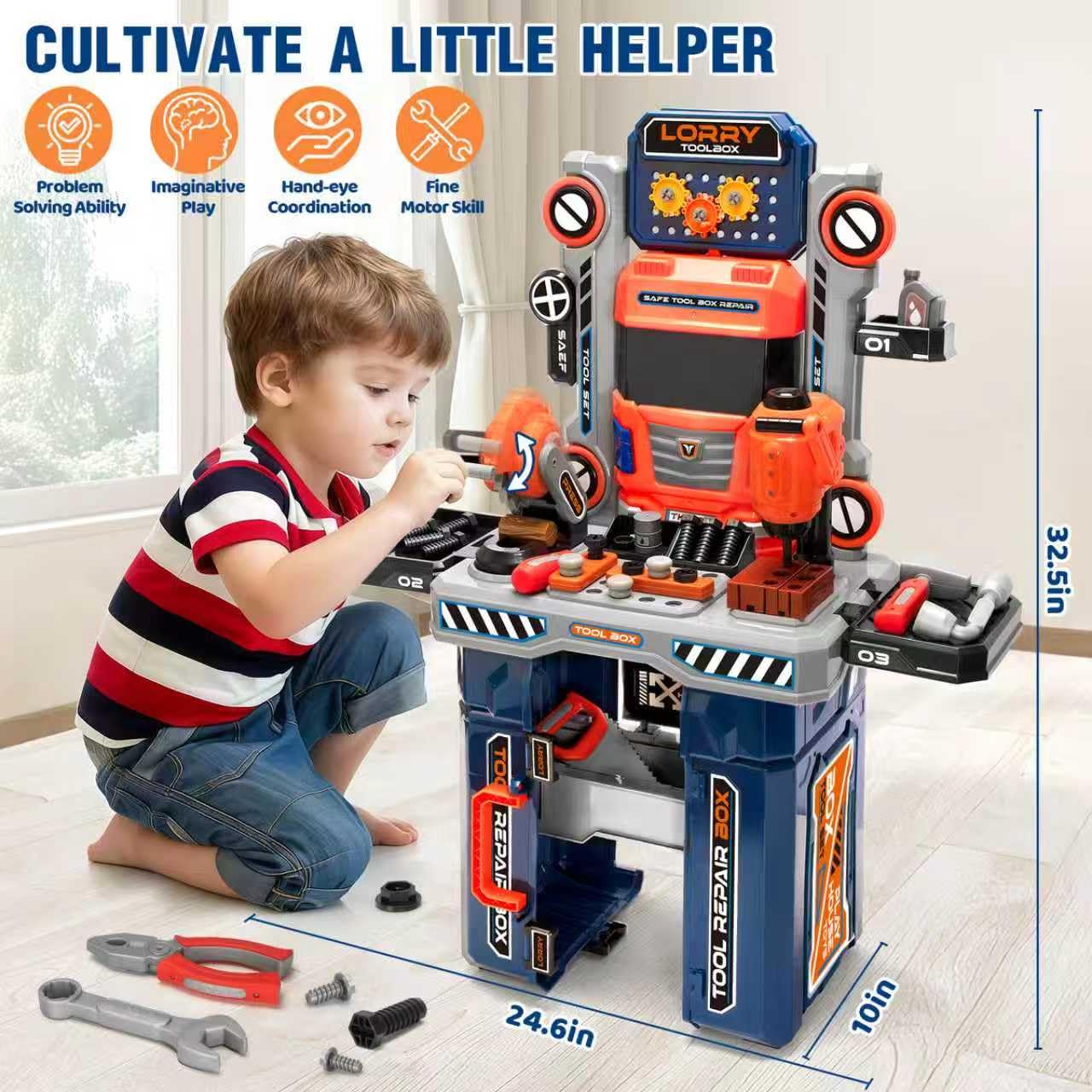 Hodurgyi Kids Tool Bench with Electric Drill & Power Miter Saw | Realistic Toy Tool Set for Ages 3-8