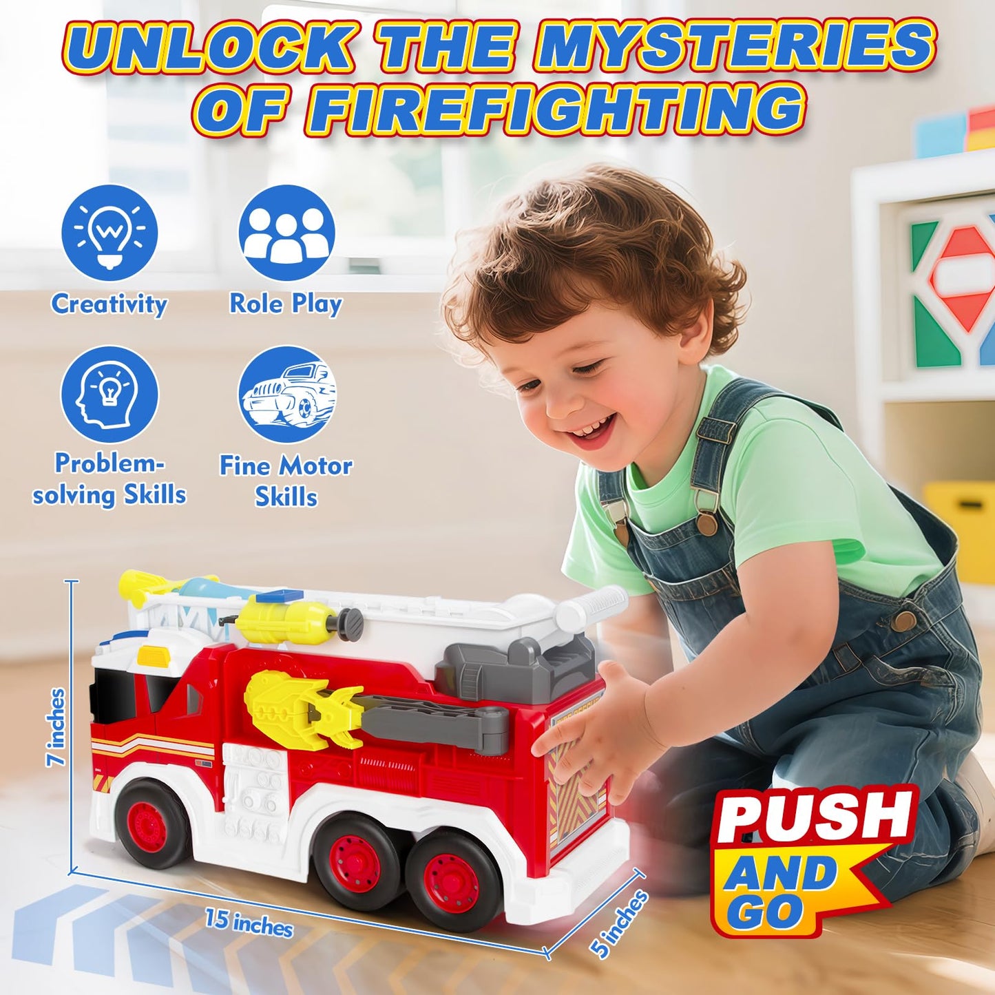 Hodurgyi Large Fire Truck Toy for Toddlers - 18in Fire Engine with Extendable Ladder, Lights & Water