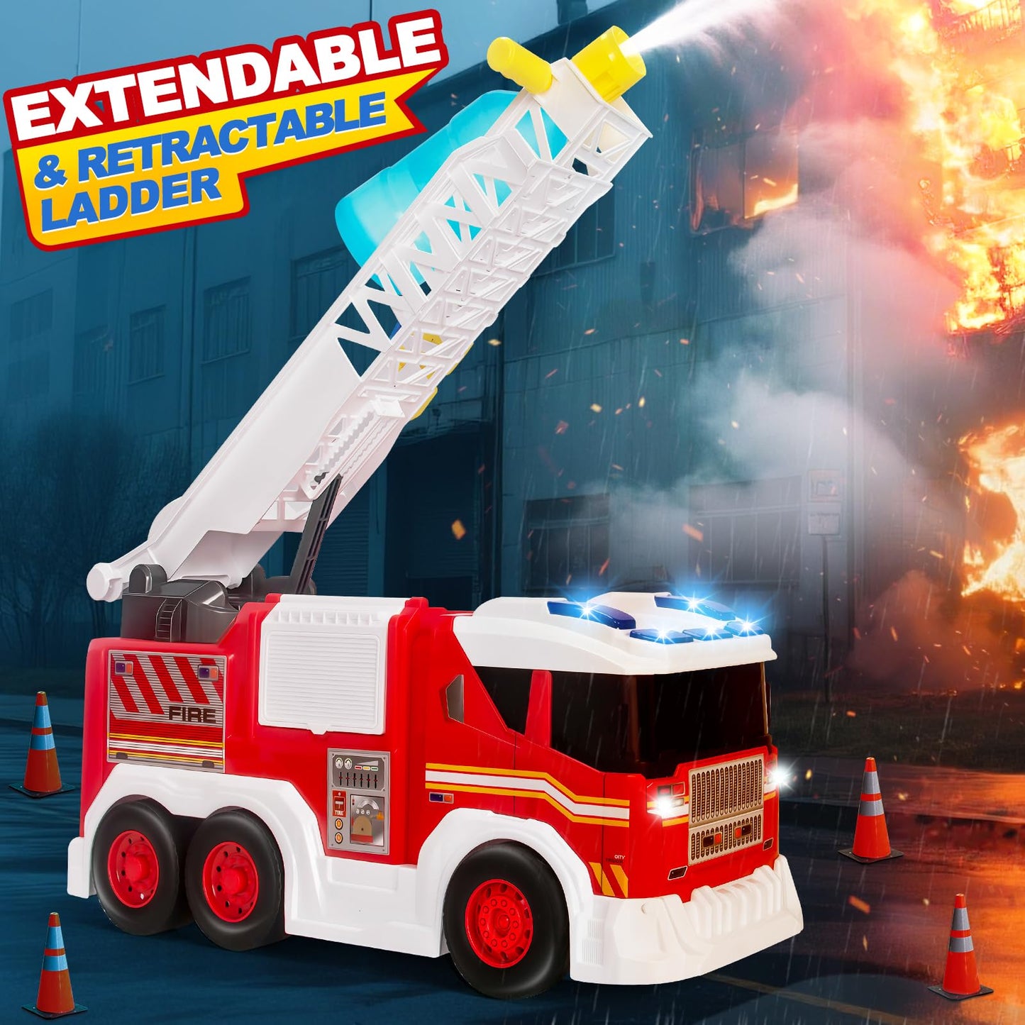 Hodurgyi Large Fire Truck Toy for Toddlers - 18in Fire Engine with Extendable Ladder, Lights & Water