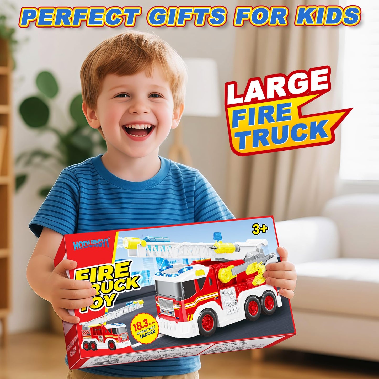 Hodurgyi Large Fire Truck Toy for Toddlers - 18in Fire Engine with Extendable Ladder, Lights & Water