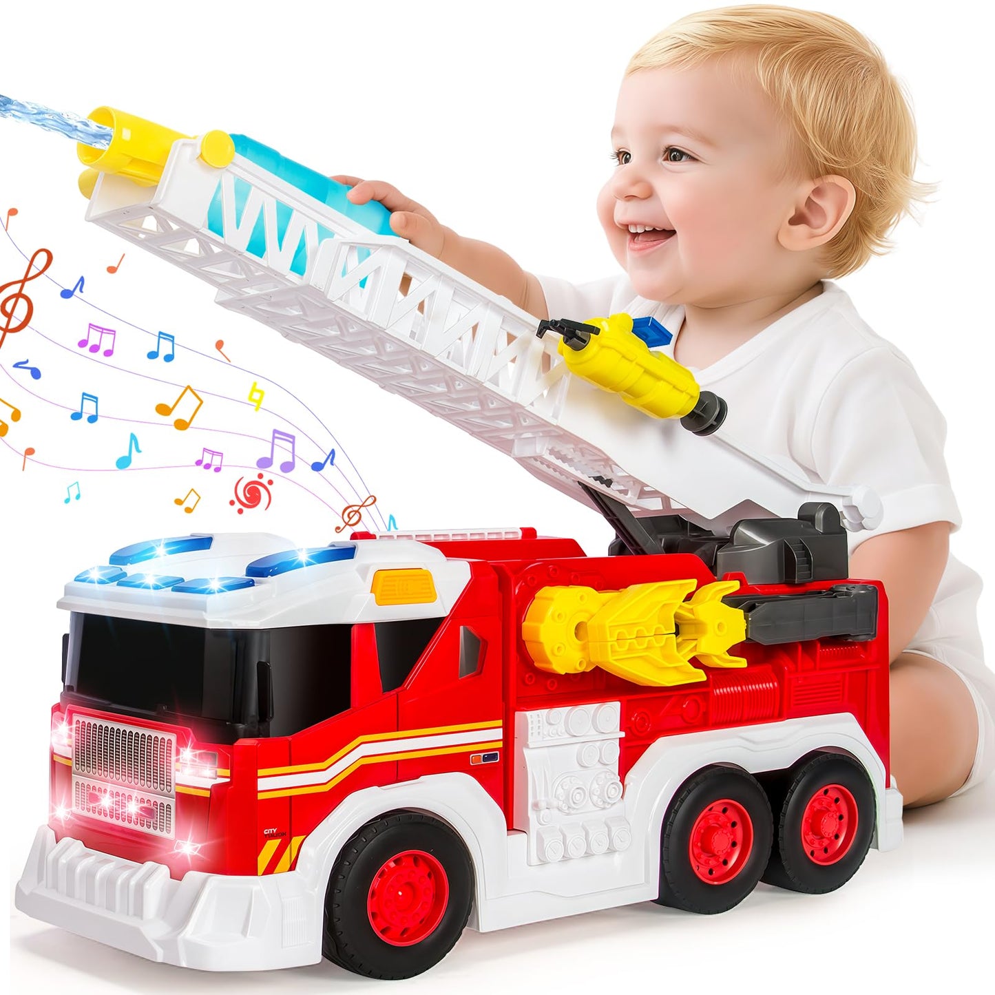 Hodurgyi Large Fire Truck Toy for Toddlers - 18in Fire Engine with Extendable Ladder, Lights & Water
