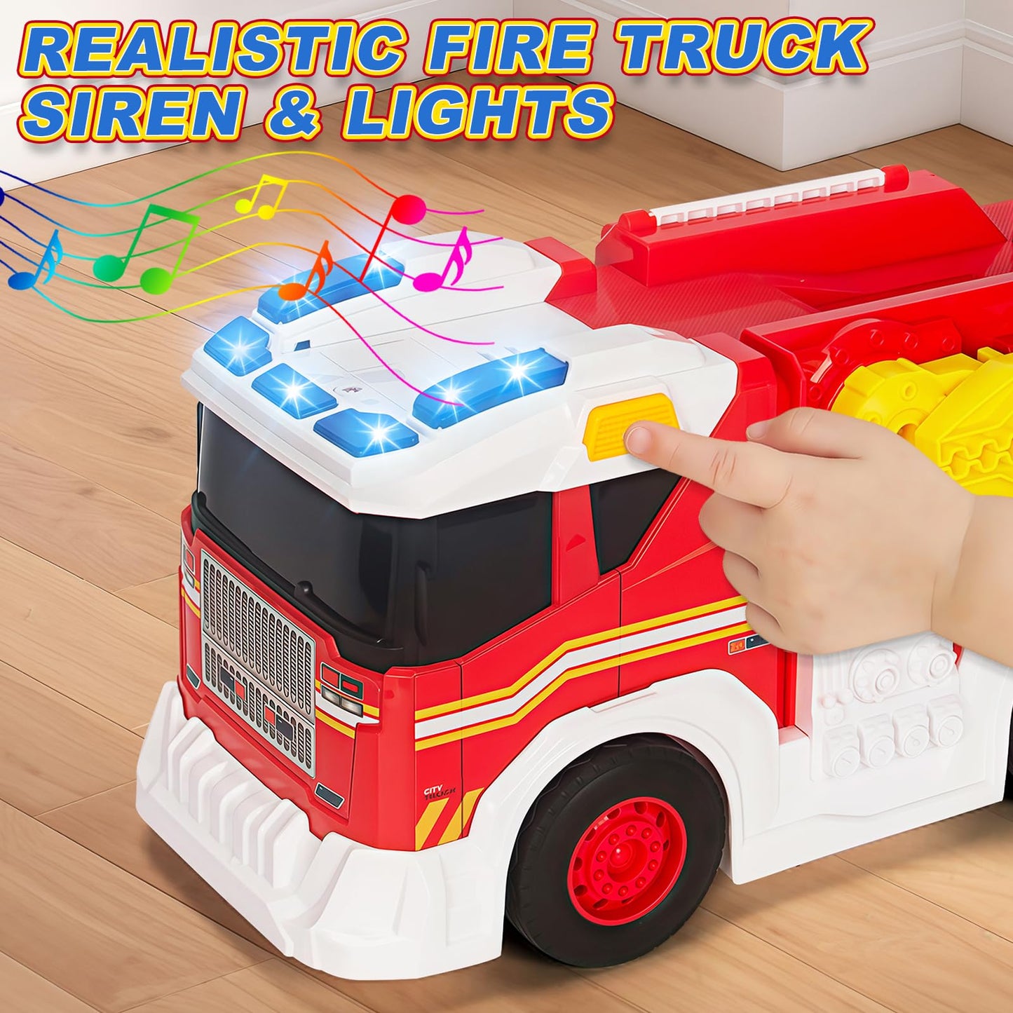 Hodurgyi Large Fire Truck Toy for Toddlers - 18in Fire Engine with Extendable Ladder, Lights & Water