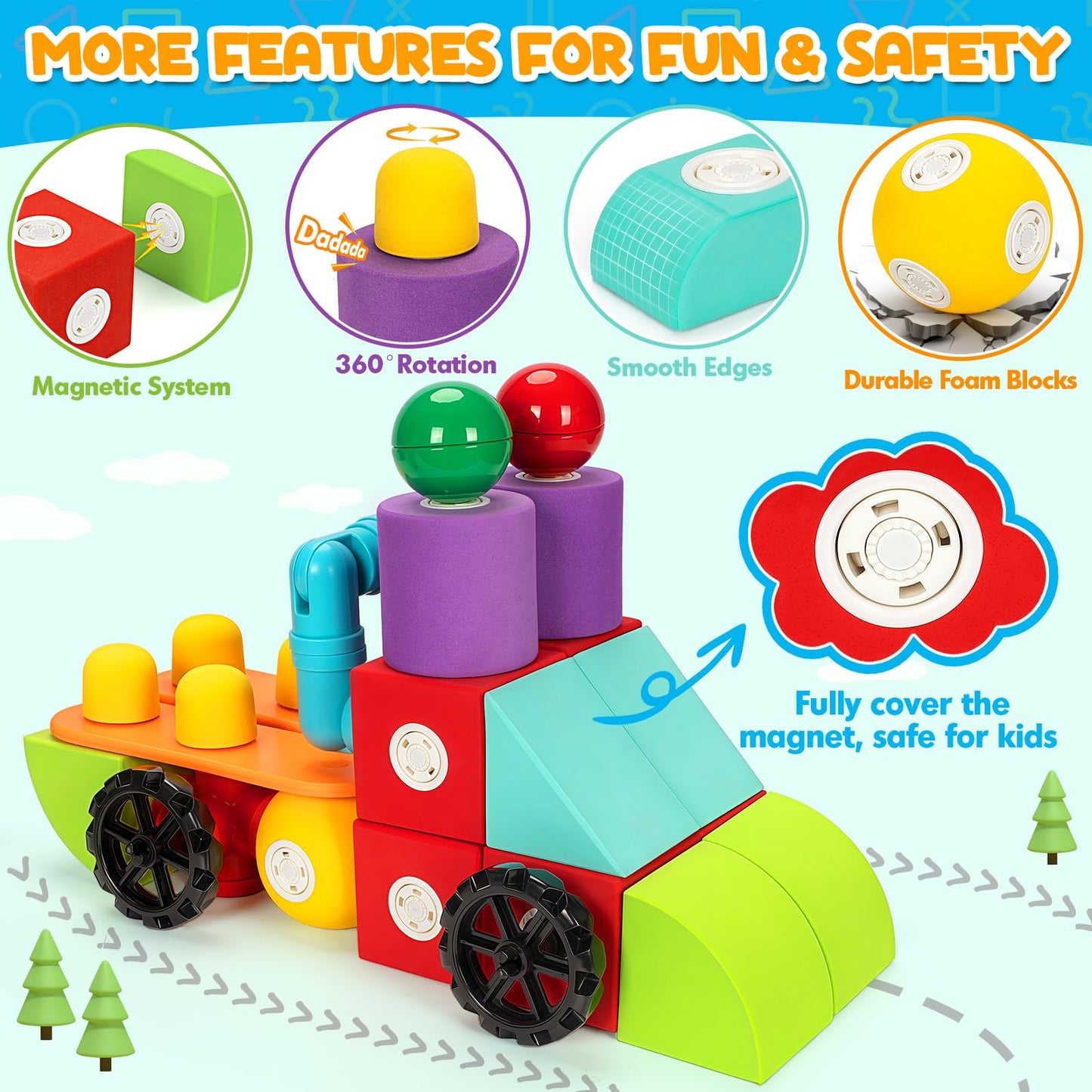 Hodurgyi 50-Piece Magnetic Foam Blocks for Kids | Large STEM Building Toys for Toddlers 3+
