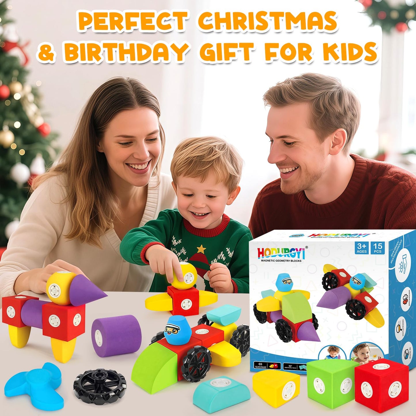 Hodurgyi 15-Piece Magnetic Foam Blocks – STEM Building Toys for Kids Aged 3-8