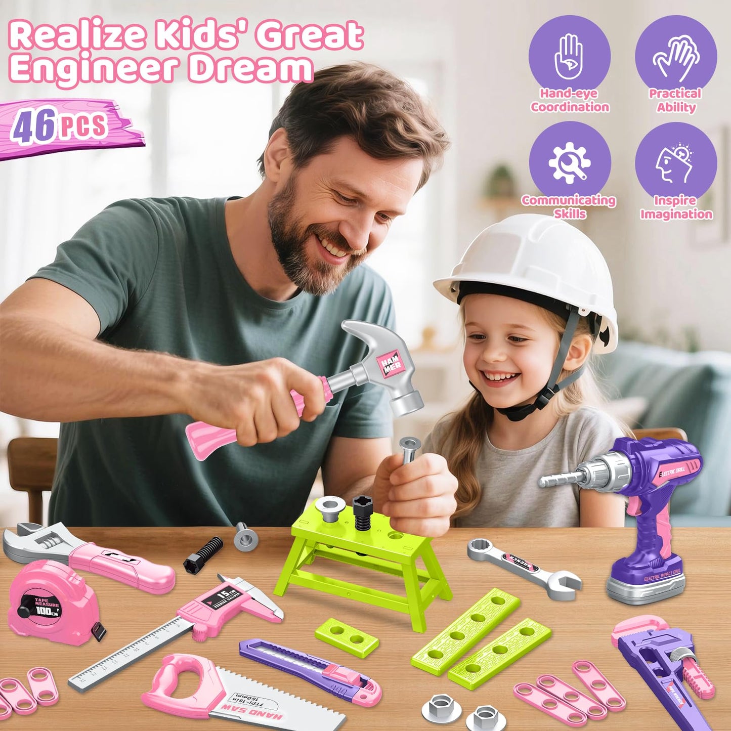 Hodurgyi Kids Tool Set 46 PCS | Portable Toolbox and Realistic Toy Drill for Toddlers 3-8