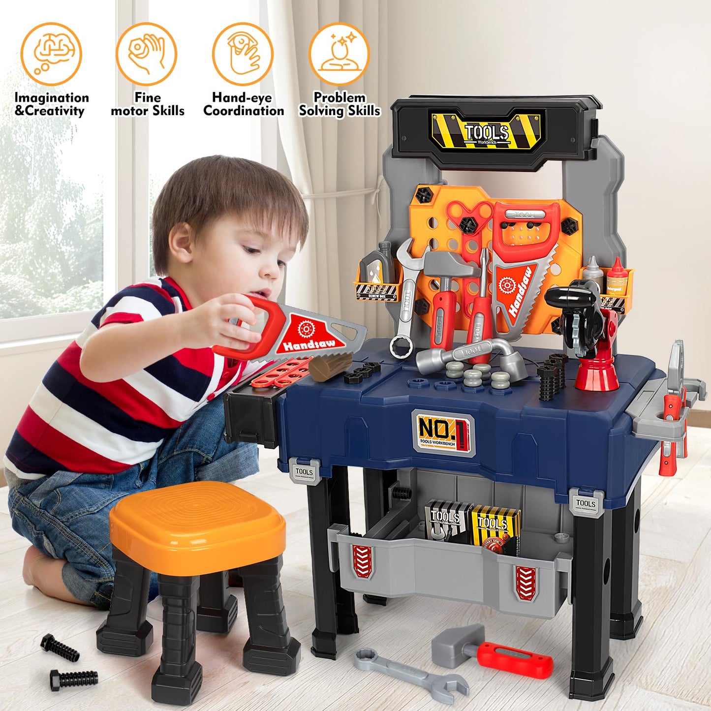 Hodurgyi Kids Tool Bench with Electric Drill – Transformable Toddler Workbench for Ages 3-5