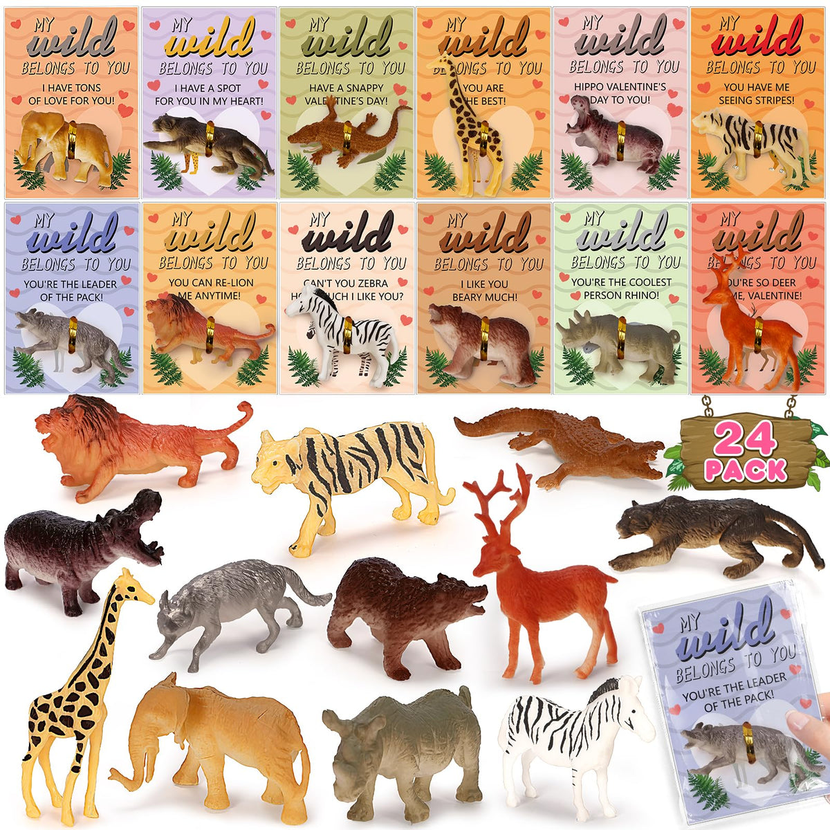 Hodurgyi Kids Valentines Cards & Animal Toys – 24-Pack for Classroom Exchange