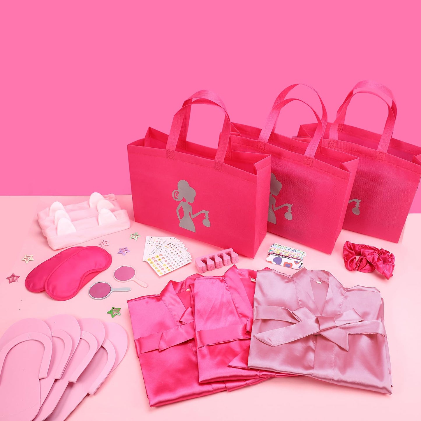 Hoemwarm Pink Spa Party Kit for Girls – 122-Piece Set with Satin Robes, Tote Bags & Nail Accessories