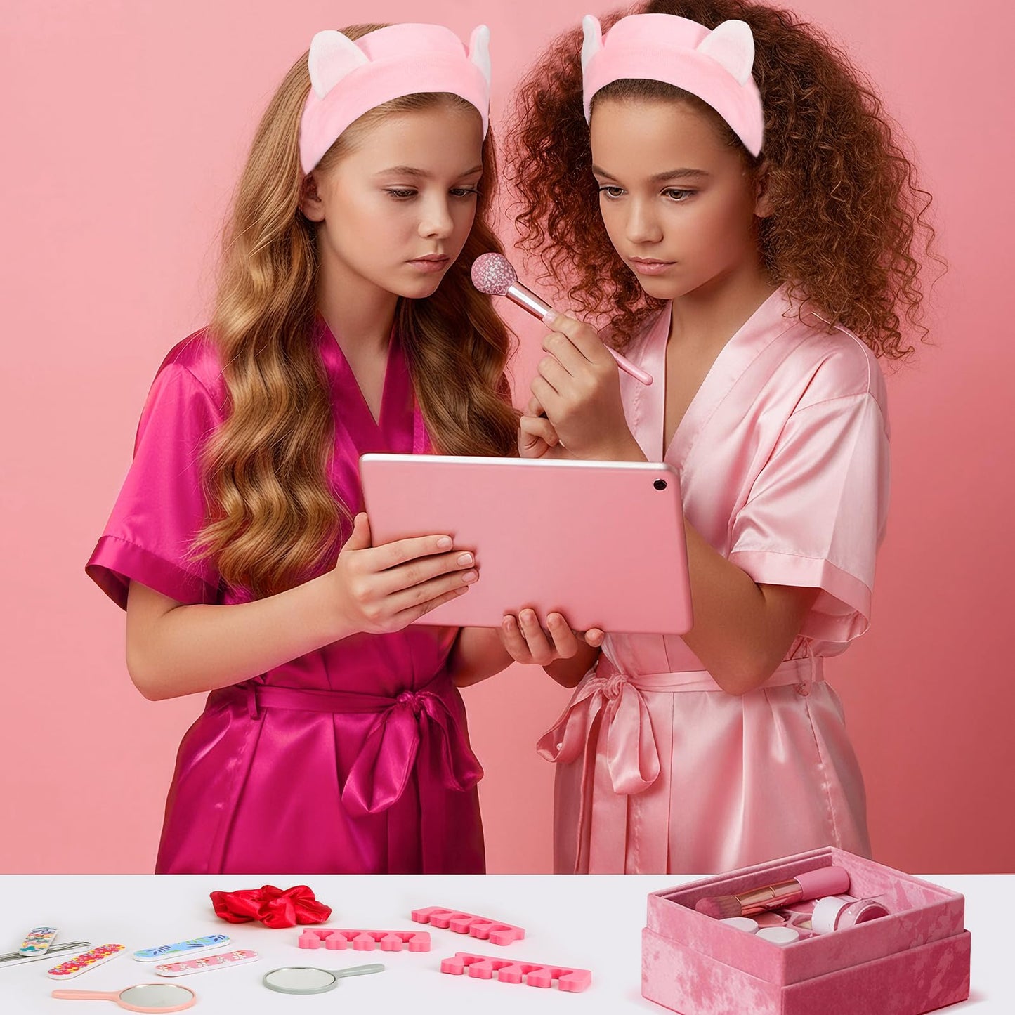 Hoemwarm Pink Spa Party Kit for Girls – 122-Piece Set with Satin Robes, Tote Bags & Nail Accessories