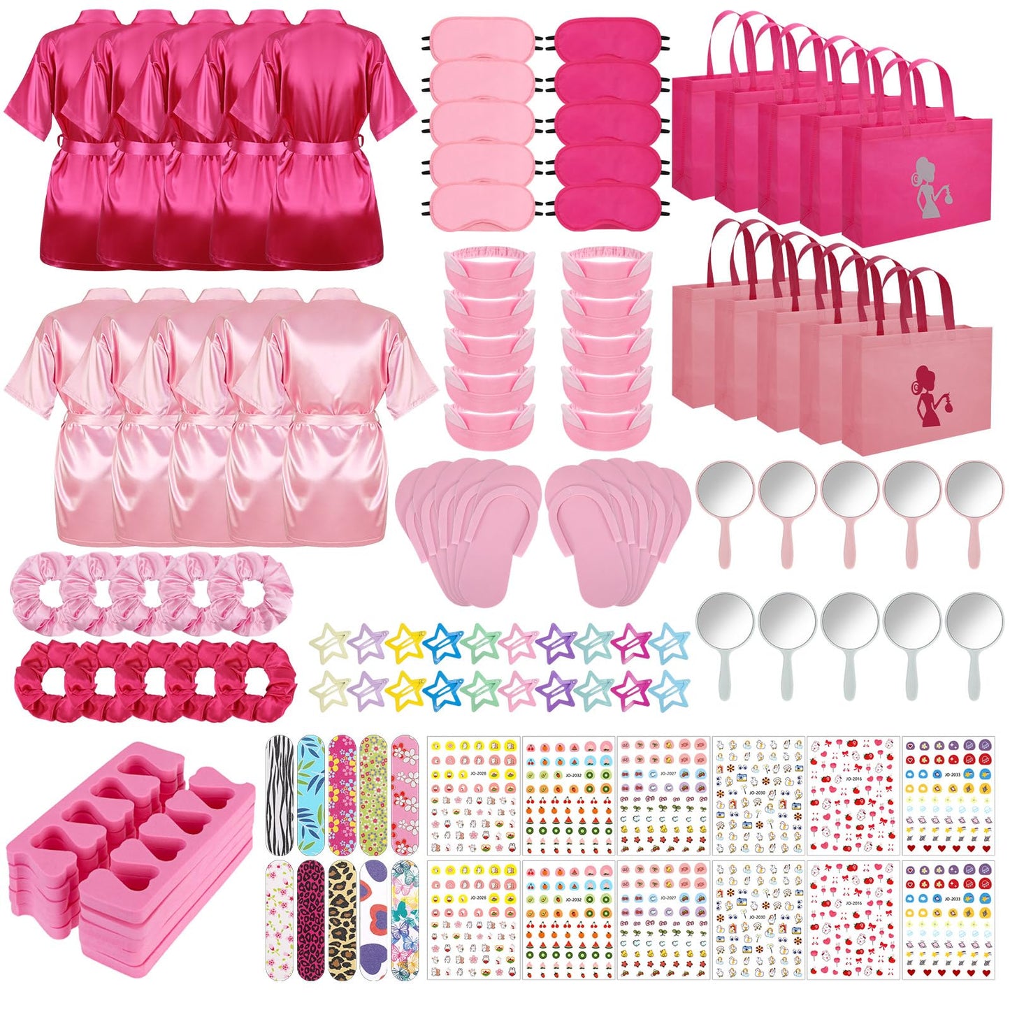 Hoemwarm Pink Spa Party Kit for Girls – 122-Piece Set with Satin Robes, Tote Bags & Nail Accessories