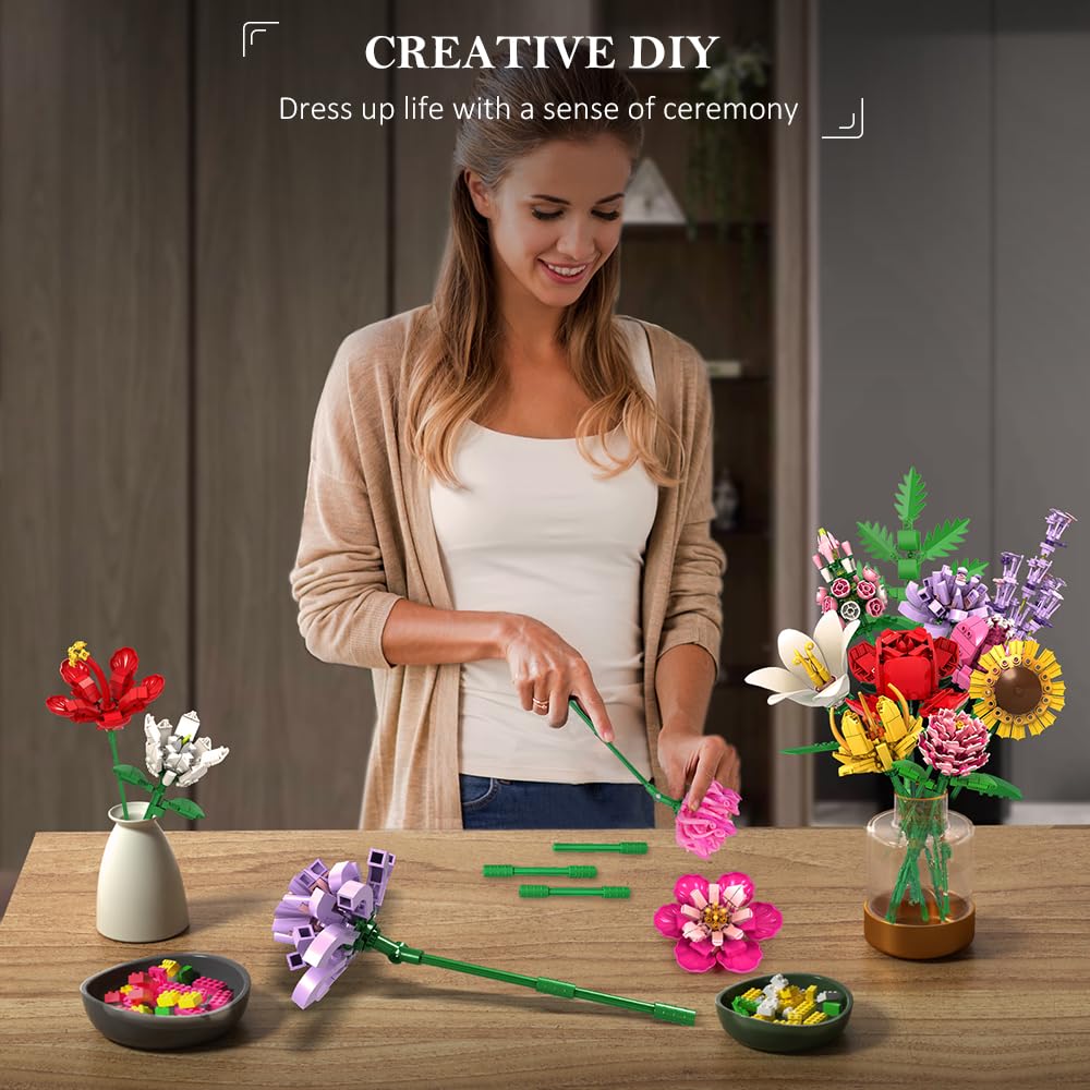 HOGOKIDS Flower Bouquet Set for Adults – 1461PCS DIY Floral Kit & Gift