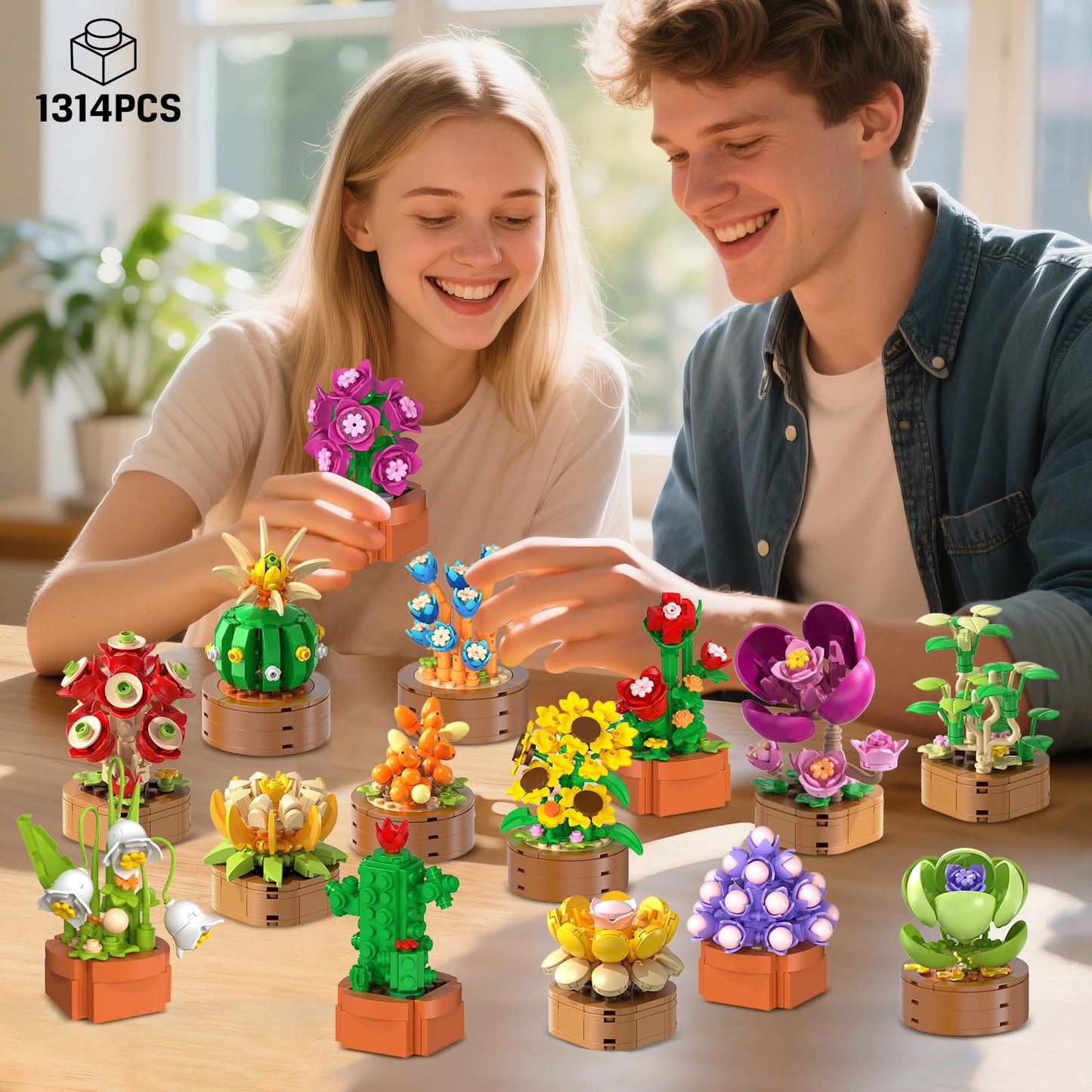 HOGOKIDS 15-Pack Valentines Flowers & Succulents Mini Building Set – 1314PCS