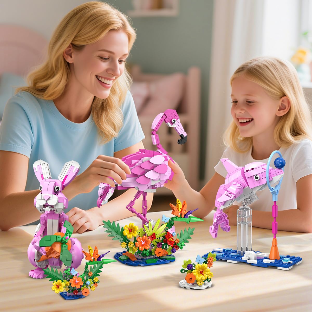 HOGOKIDS 3 in 1 Pink Flamingo Building Set – 558 PCS, Flamingo, Bunny & Dolphin