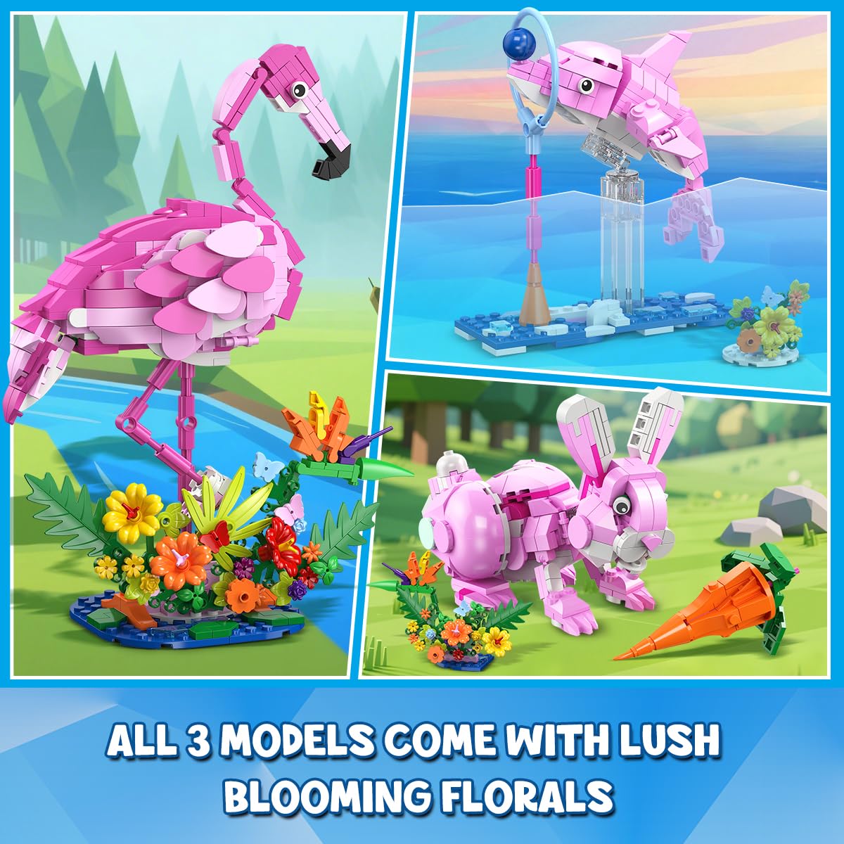 HOGOKIDS 3 in 1 Pink Flamingo Building Set – 558 PCS, Flamingo, Bunny & Dolphin