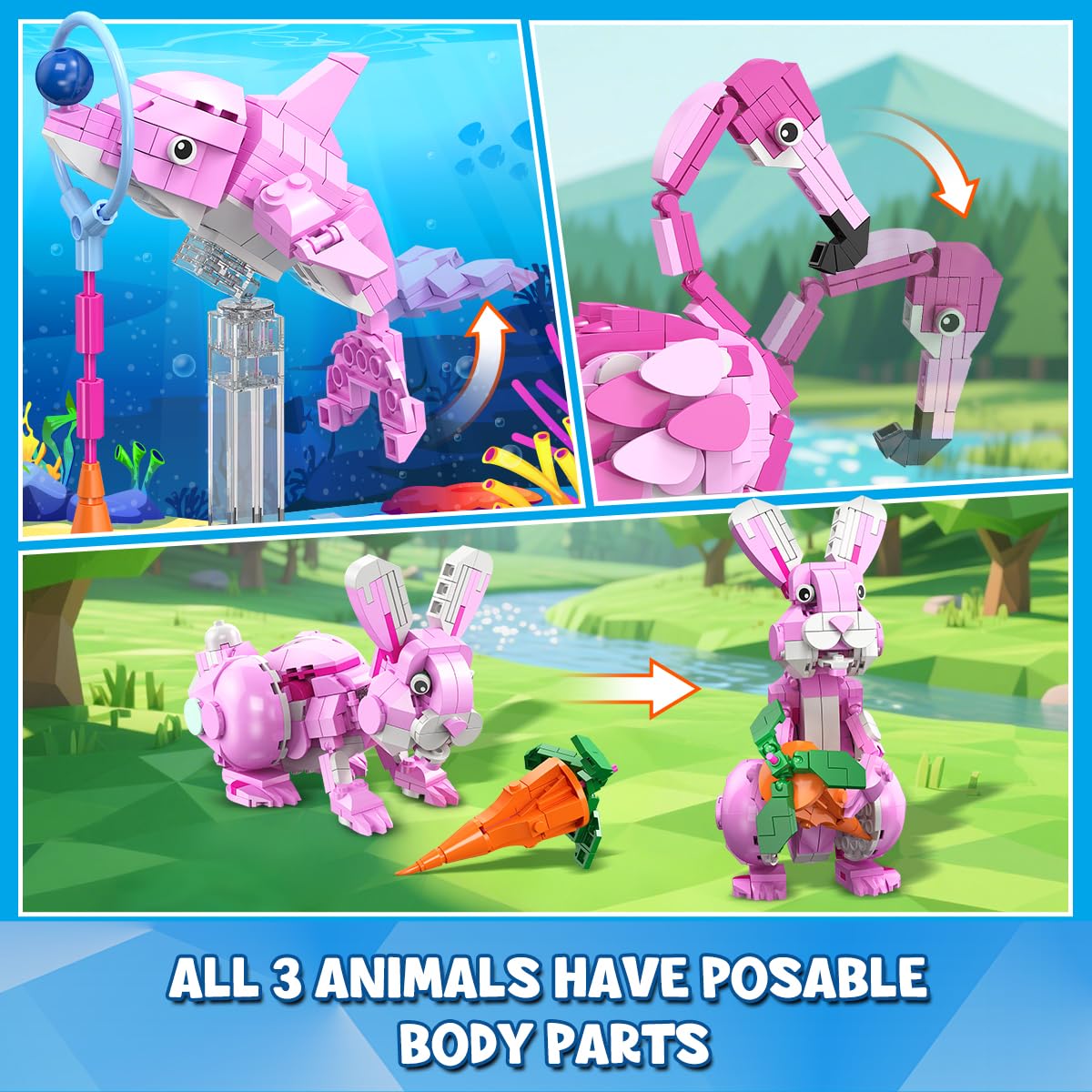 HOGOKIDS 3 in 1 Pink Flamingo Building Set – 558 PCS, Flamingo, Bunny & Dolphin