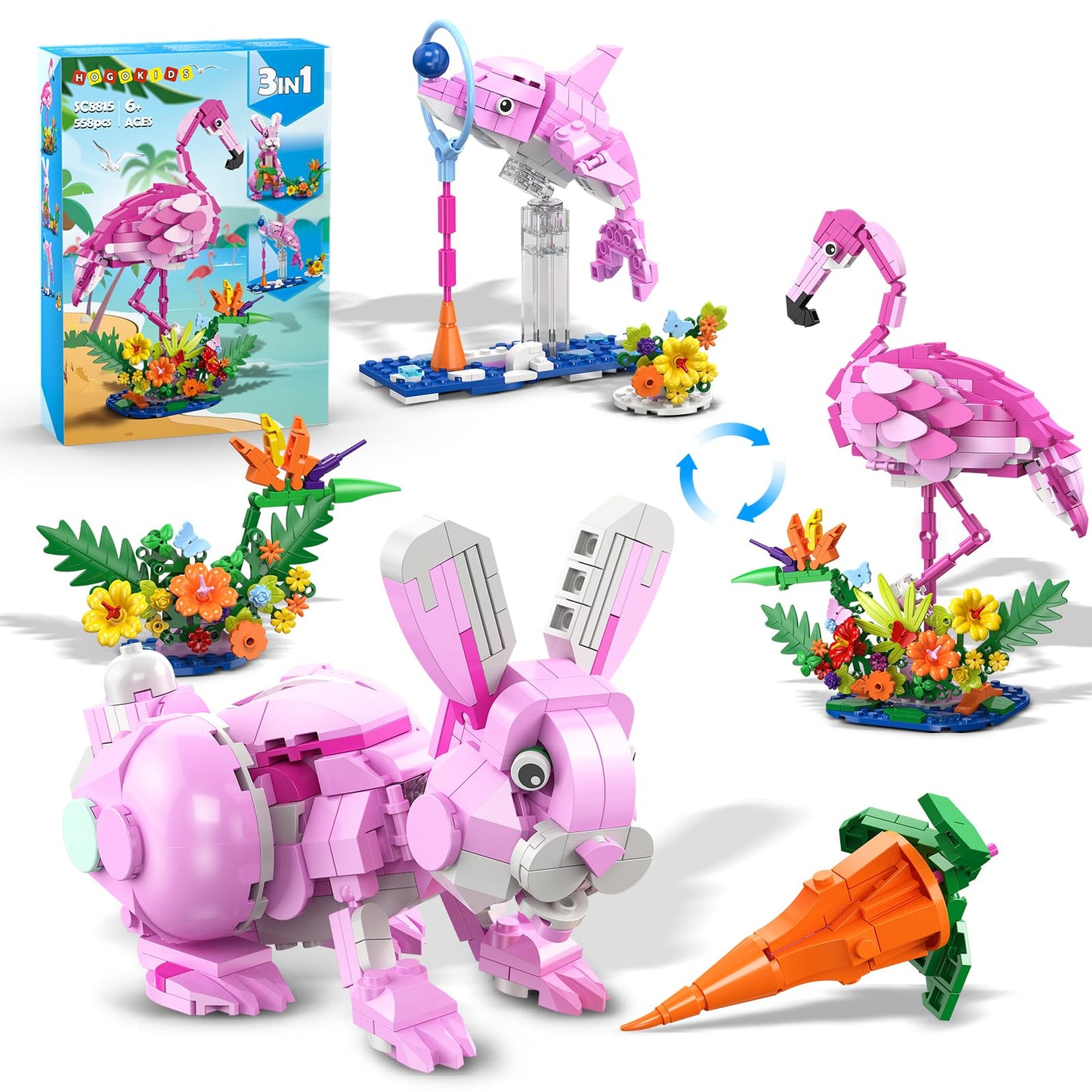 HOGOKIDS 3 in 1 Pink Flamingo Building Set – 558 PCS, Flamingo, Bunny & Dolphin