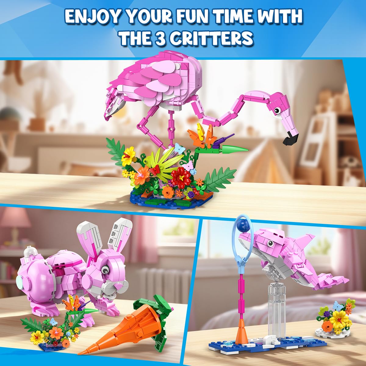 HOGOKIDS 3 in 1 Pink Flamingo Building Set – 558 PCS, Flamingo, Bunny & Dolphin